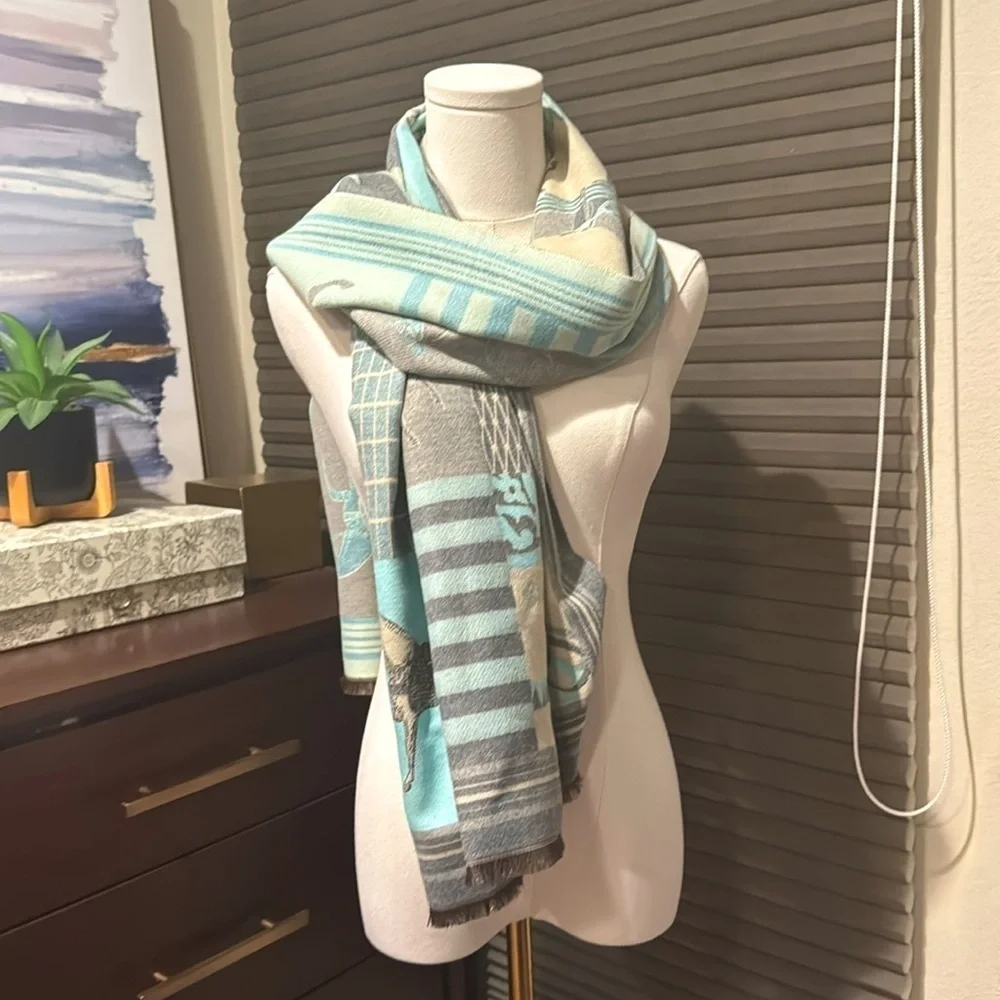Devon Aqua Equestrian Motif Luxe Multi Use Shawl/Wrap/Home Decor